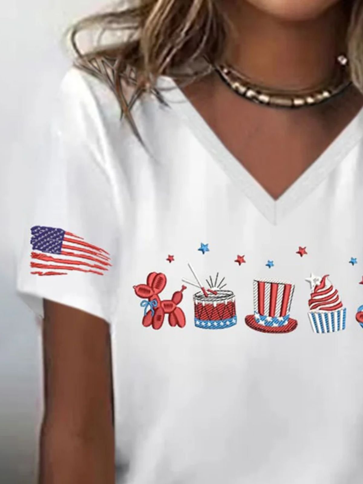 T-shirts Femmes Décontracté Été Drapeau des États-Unis Polyester Col V Micro-élasticité Coupe Régulière Trapèze Régulier