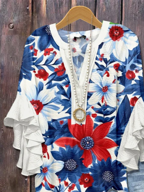 Chemises Femmes Décontracté Floral Été Polyester Col V Imprimé Demi Manche Droit Régulier