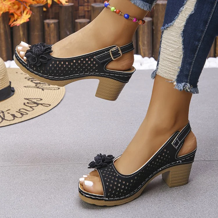 Sandales Décontracté Plain Été Quotidien Cuir Talon de Bloc Toit ouvert Sandales Antidérapantes Boucle Réglable pour Femmes