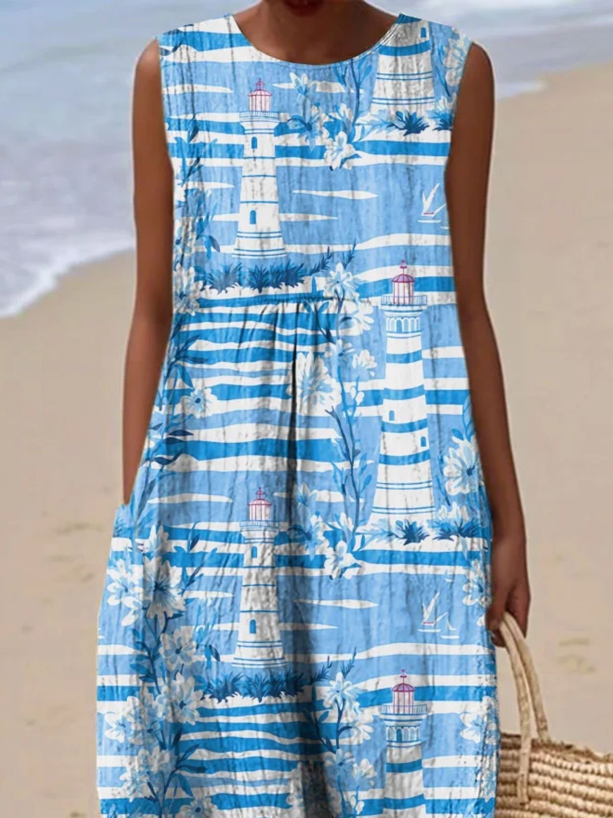 Femmes Mer bleue Col Rond Confortable Robe Maxi Décontracté