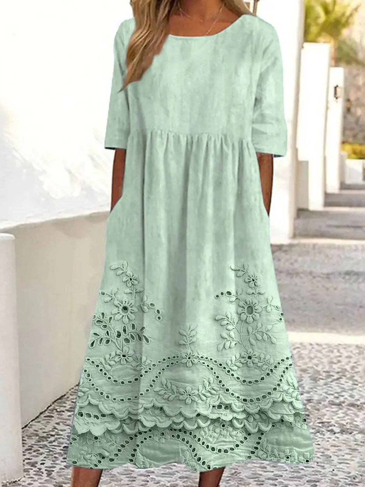 Femmes impression en 3D Blanc Col Rond Confortable Robe Maxi Rétro