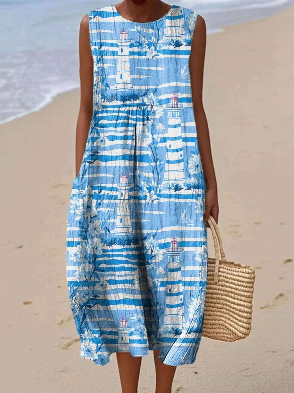 Femmes Mer bleue Col Rond Confortable Robe Maxi Décontracté