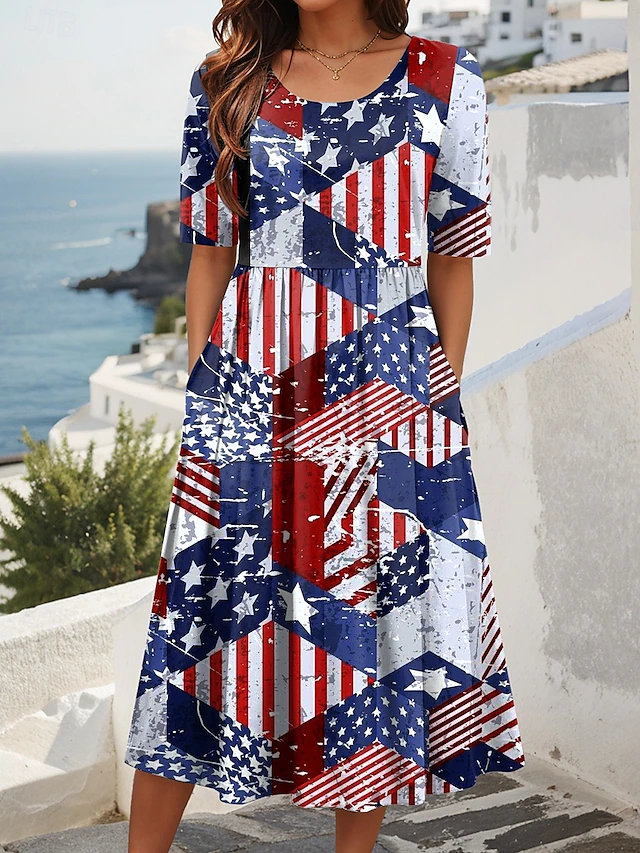 Femmes Drapeau des États-Unis Comme Image Col Rond Confortable Robe Maxi Décontracté