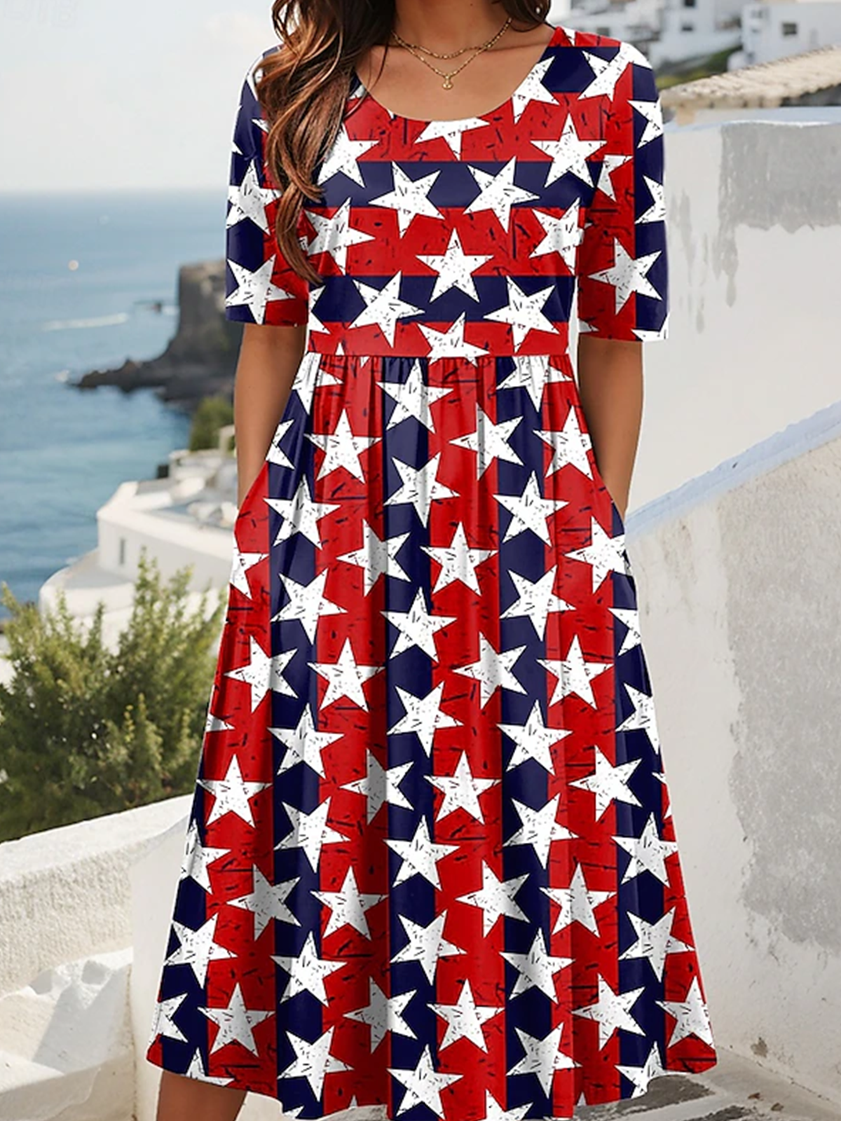 Femmes Motif d'Étoile Comme Image Col Rond Confortable Robe Maxi Décontracté