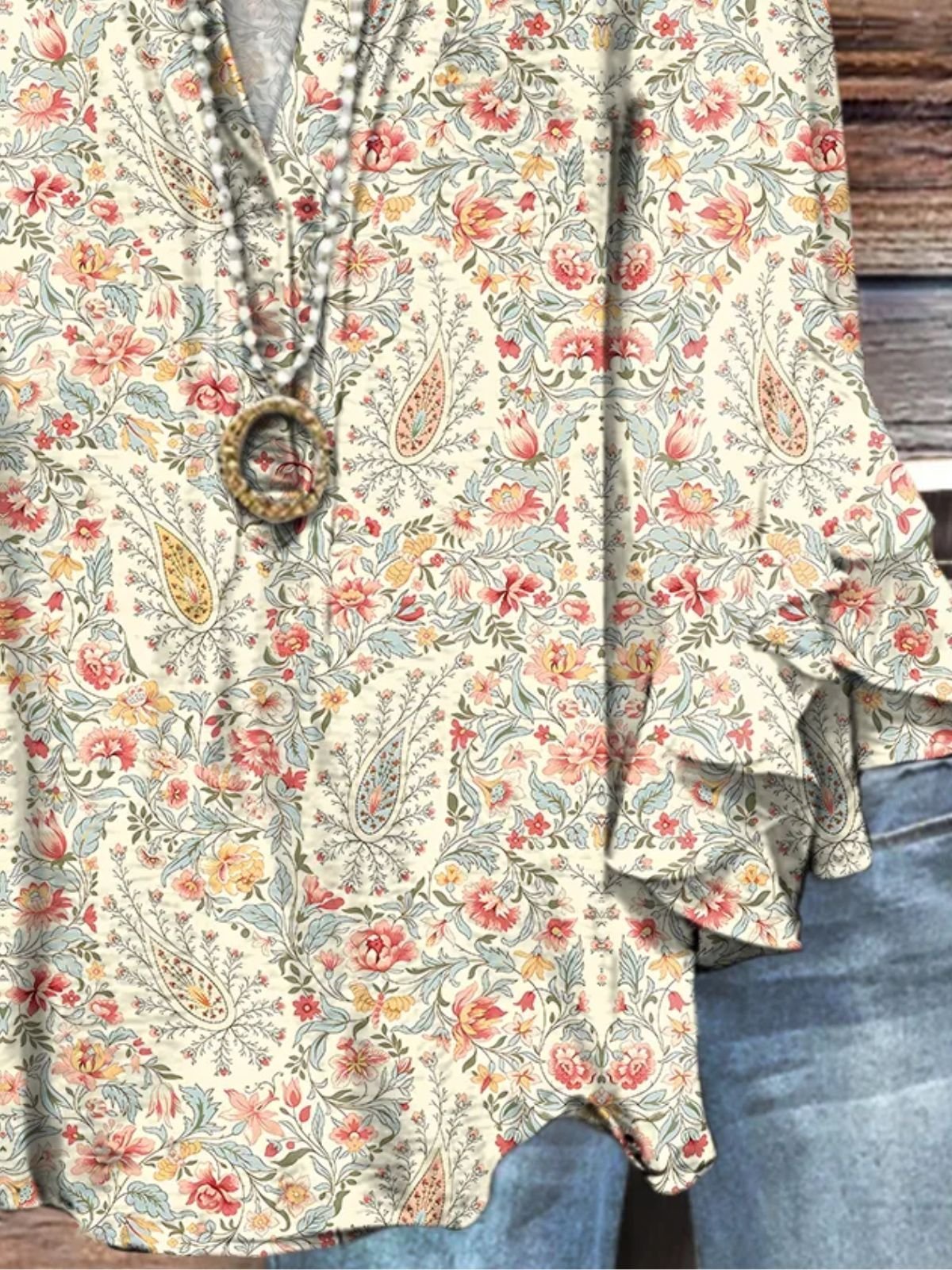Blouses Boho Motif Cachemire Été Col V Domestique Demi Manche Régulier Trapèze Régulier pour Femmes