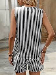 Deux Pièces Ensembles Rayé Décontracté Été Polyester Naturel Ample Sans Manches Régulier Ensembles courts pour Femmes