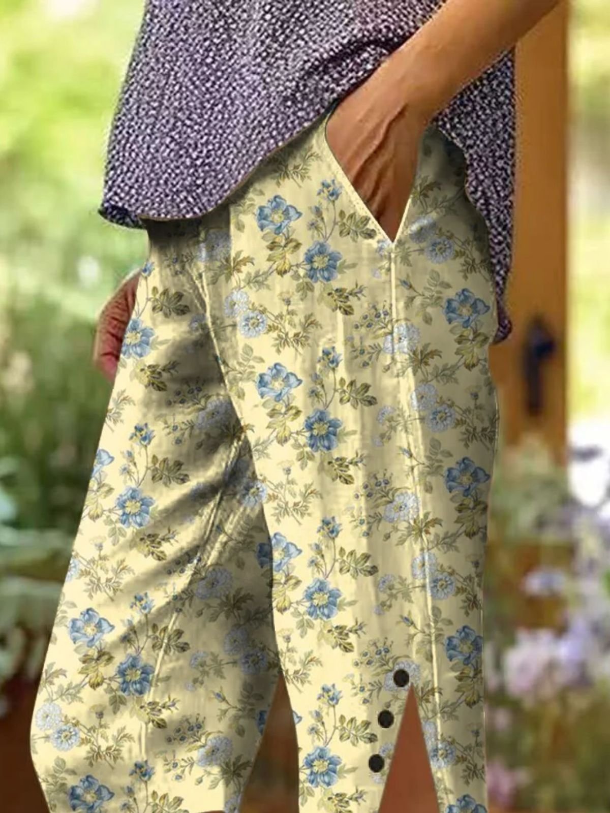 Pantalons Décontracté Floral Été Naturel Micro-élasticité Quotidien Trapèze Régulier Cinquième pantalon pour Femmes