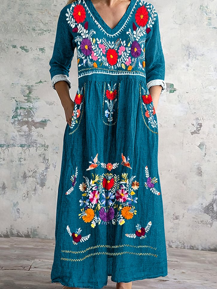 Femmes Floral Bleu Col Rond Confortable Robe Maxi Décontracté
