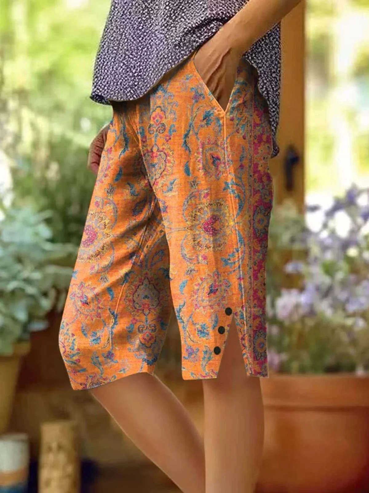 Pantalons Décontracté Floral Été en Lin Naturel Micro-élasticité Coupe Régulière Régulier Cinquième pantalon pour Femmes