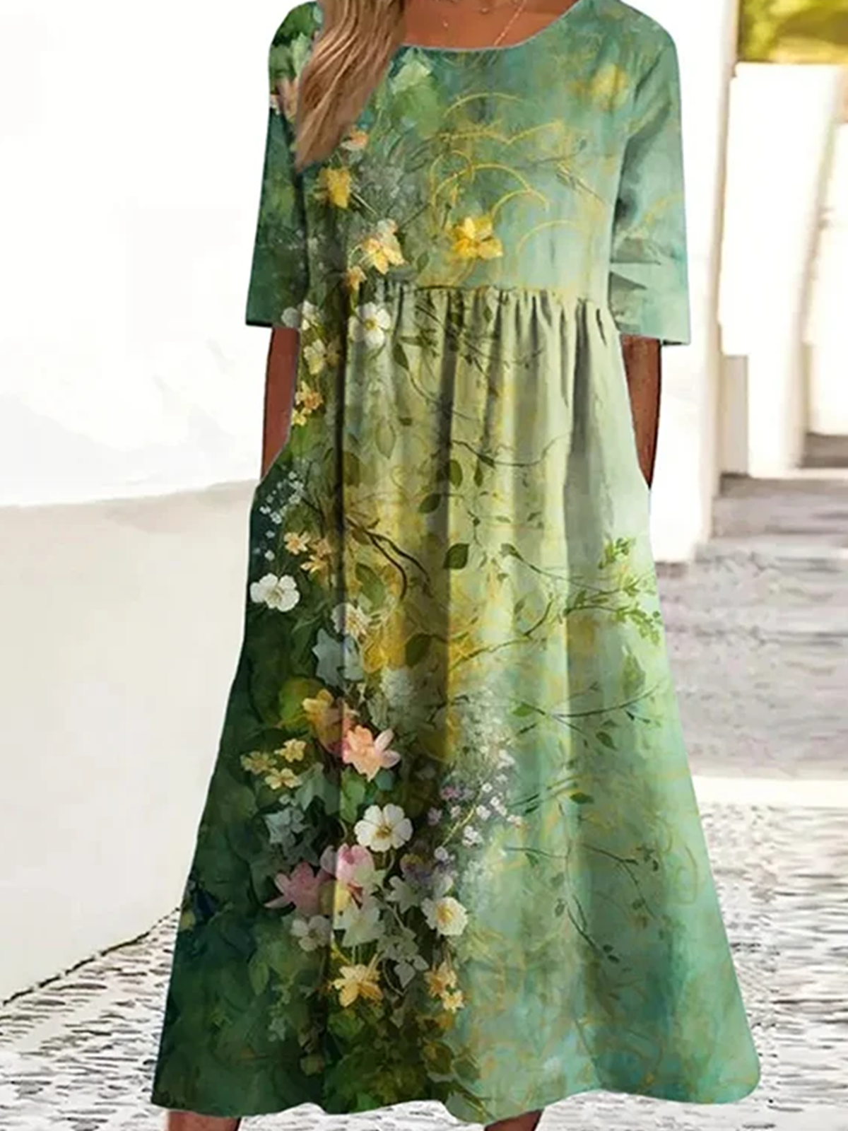 Femmes Floral Comme Image Col Rond Confortable Robe Maxi Décontracté