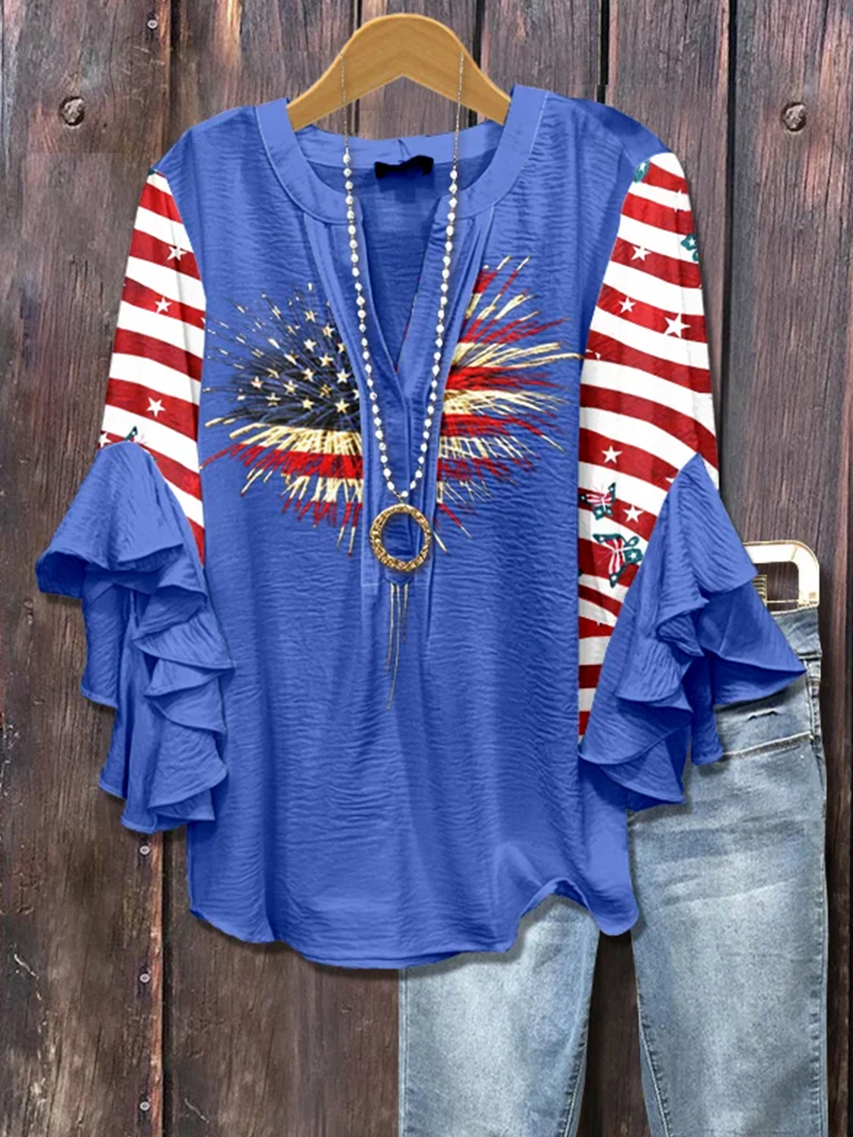 Blouses Boho Été Le jour de l'indépendance (Drapeau) Coton Col V Domestique Coupe Régulière Demi Manche Régulier pour Femmes