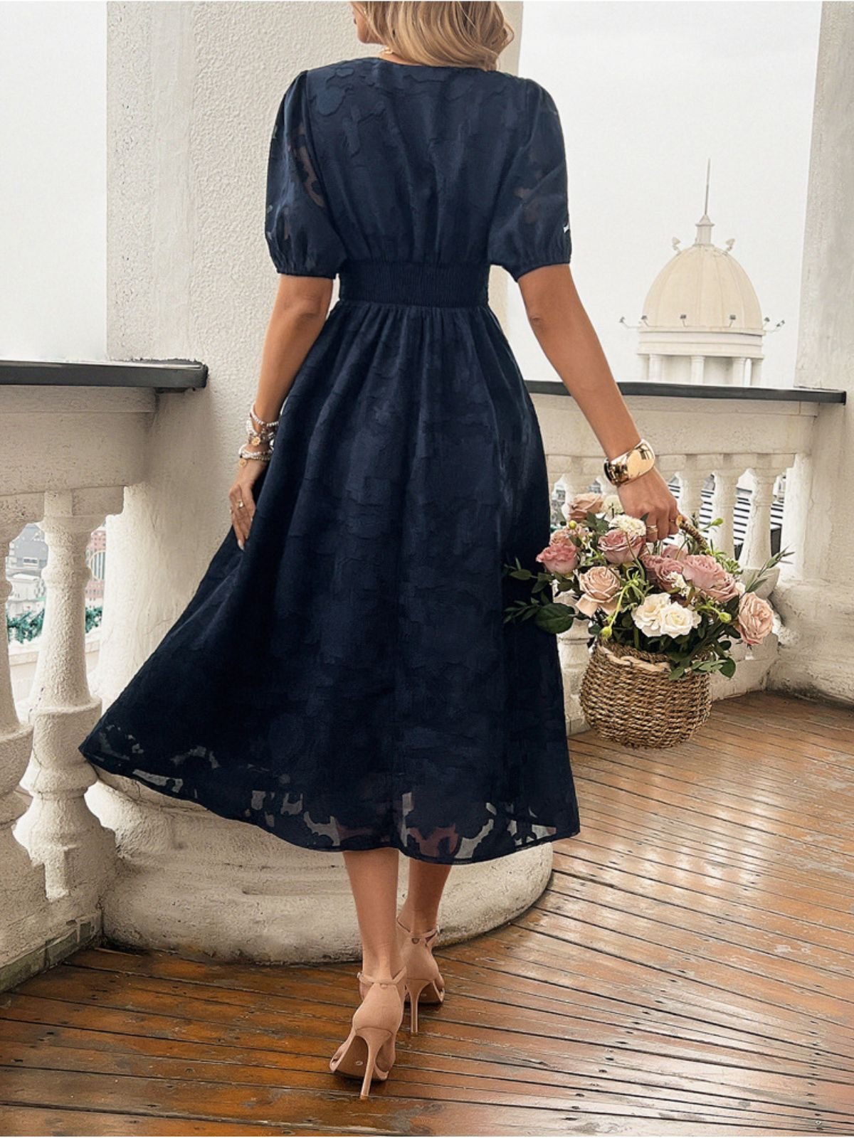 Femmes Floral Bleu Marine Col V Confortable Robe Maxi Sexy