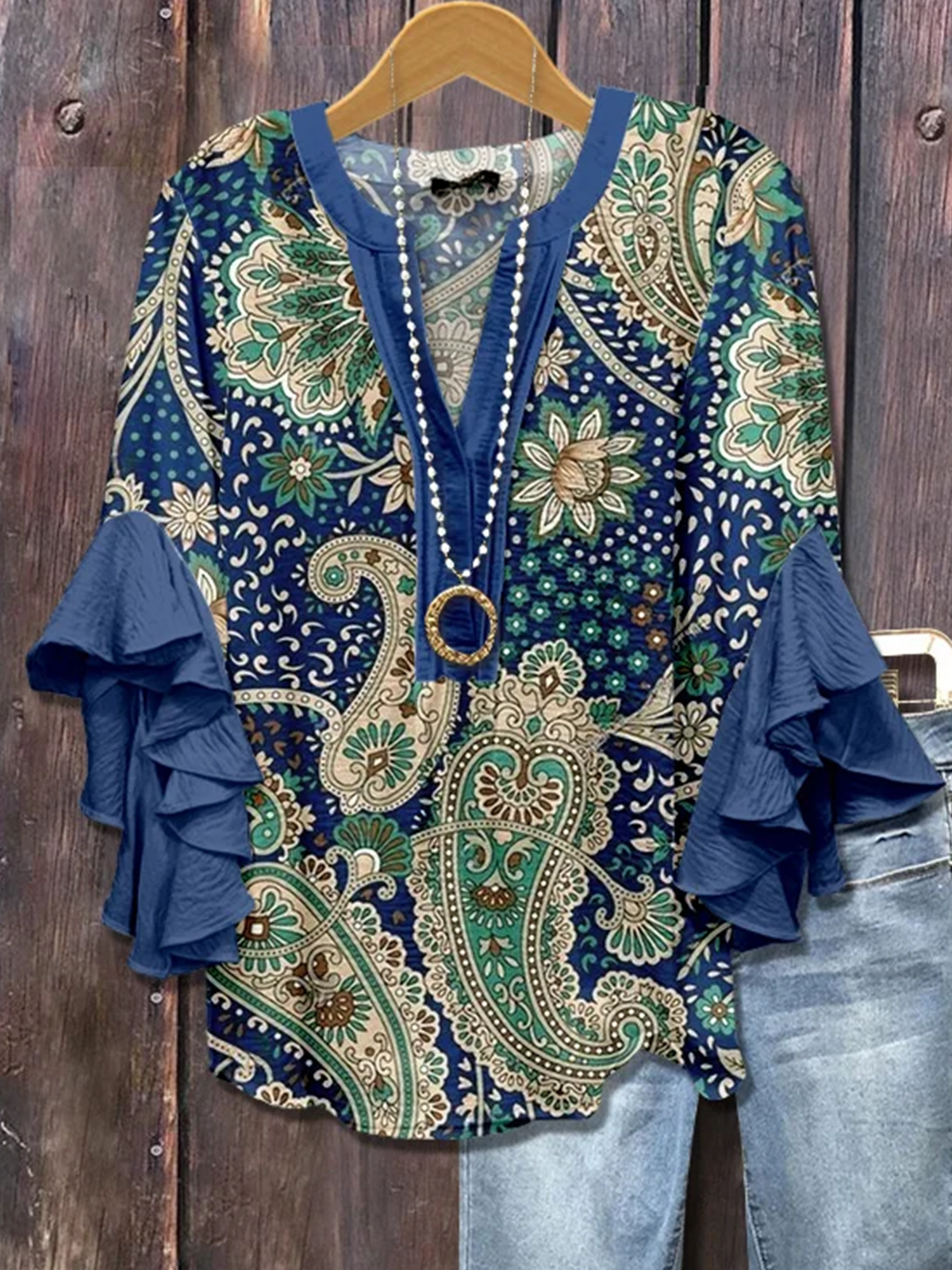 Blouses Vacances Motif Cachemire Été Coton Col V Coupe Régulière Demi Manche Régulier Trapèze pour Femmes