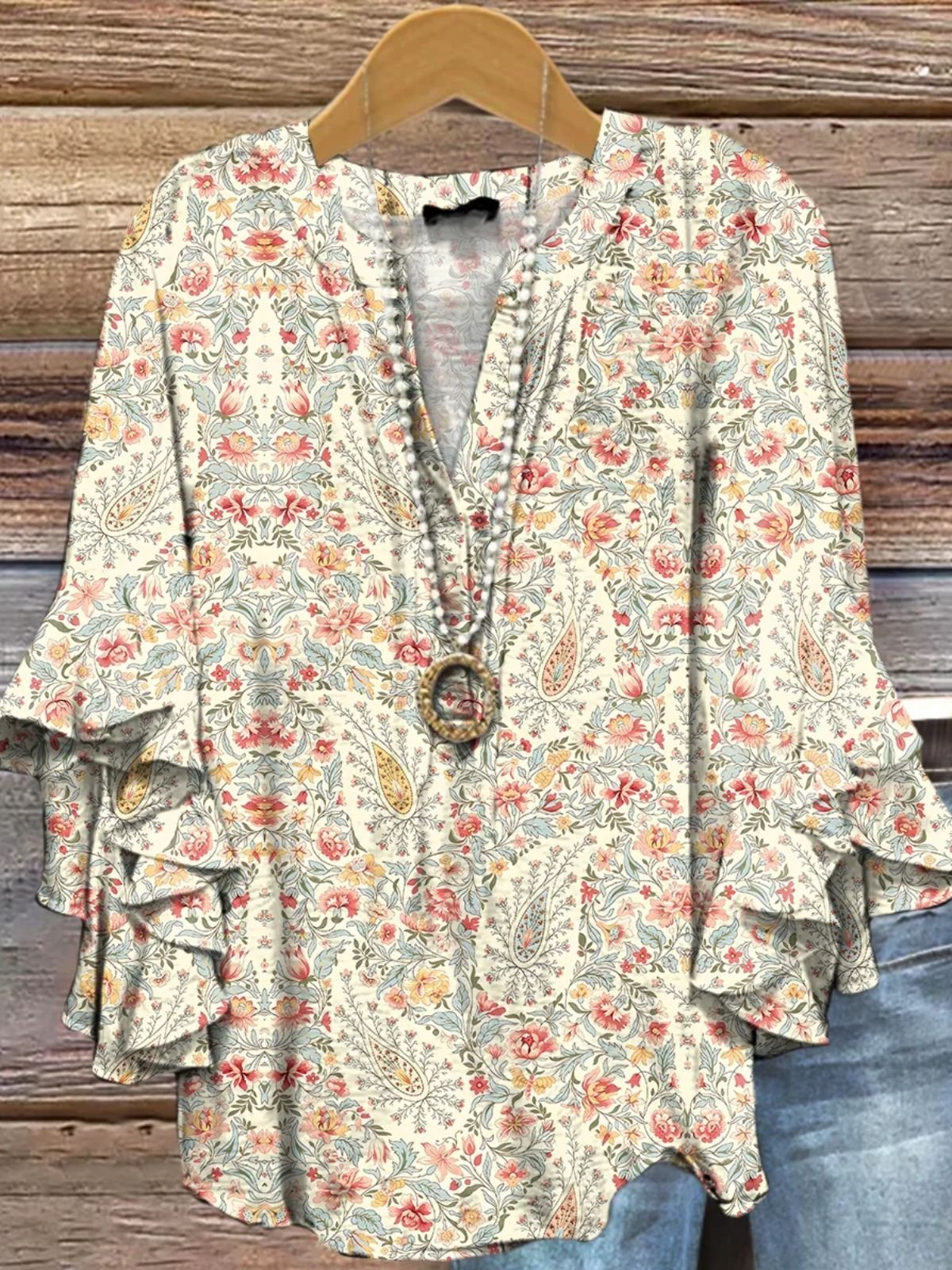 Blouses Boho Motif Cachemire Été Col V Domestique Demi Manche Régulier Trapèze Régulier pour Femmes