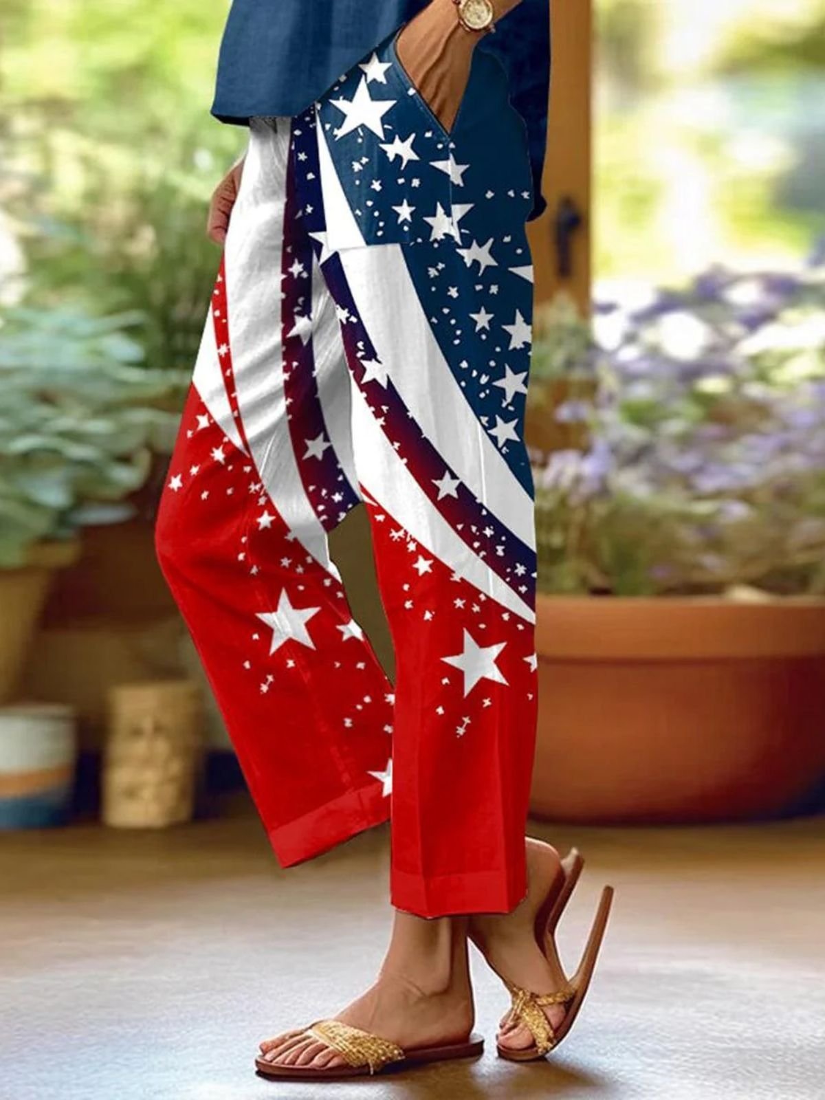 Pantalons Femmes Décontracté Printemps / Automne Le jour de l'indépendance (Drapeau) Naturel Micro-élasticité Coupe Régulière Long Trapèze Régulier