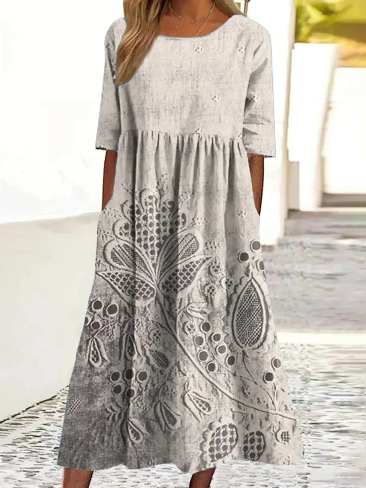 Femmes Floral Comme Image Col Rond Confortable Robe Maxi Décontracté