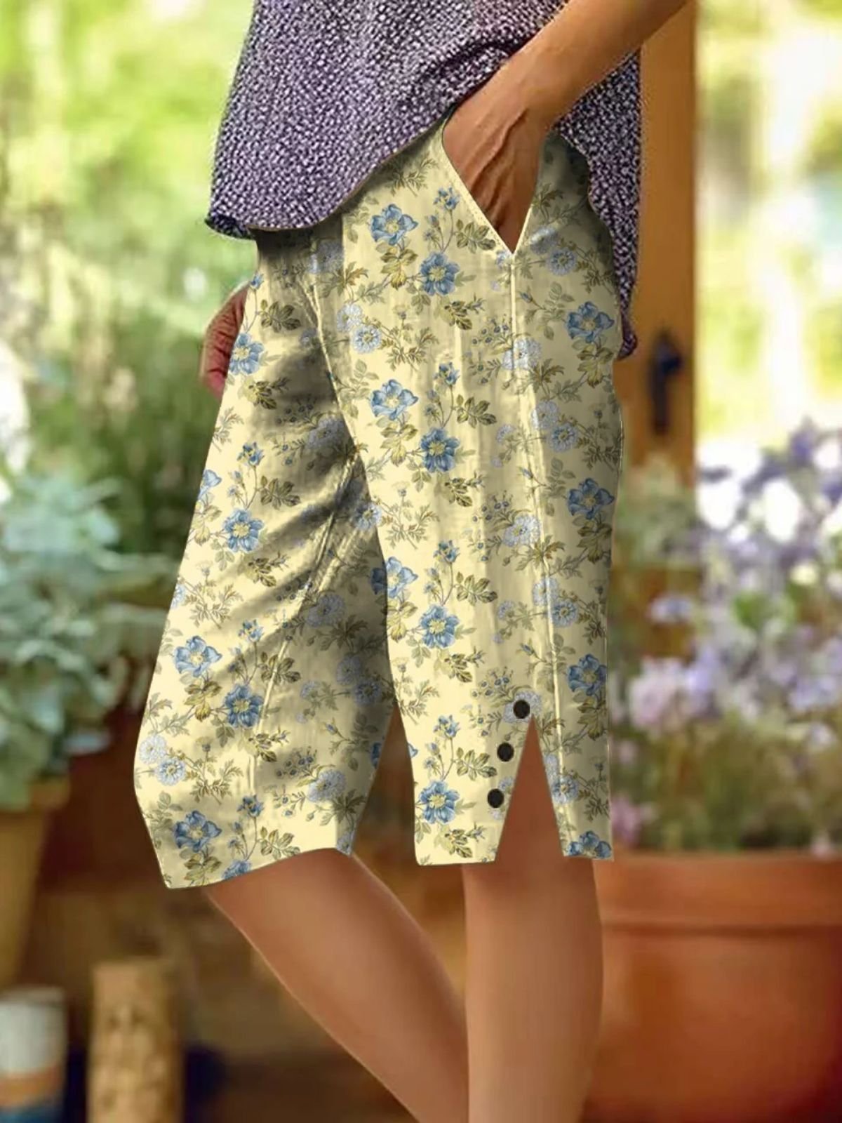 Pantalons Décontracté Floral Été Naturel Micro-élasticité Quotidien Trapèze Régulier Cinquième pantalon pour Femmes