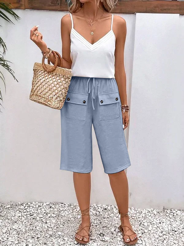 Pantalons Femmes Rue Plain Été en Lin Cordon de Serrage Micro-élasticité Journée Taille Élastique Droit
