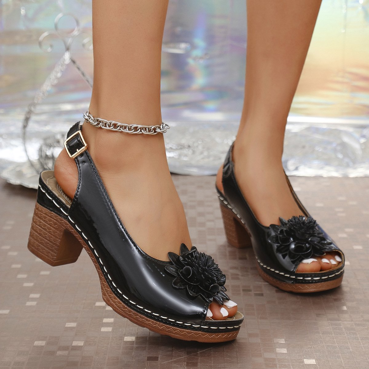 Sandales Décontracté Plain Été Quotidien Talon Bas Toit ouvert PU Boucle Réglable à Bout Ouvert Sandales pour femmes