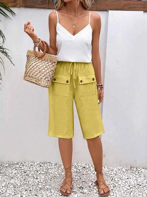 Pantalons Femmes Rue Plain Été en Lin Cordon de Serrage Micro-élasticité Journée Taille Élastique Droit