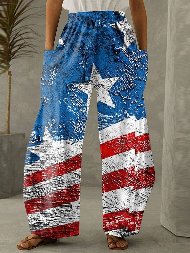 Pantalons Décontracté Printemps / Automne Drapeau des États-Unis Coton Micro-élasticité Coupe Régulière Pantalon droit Long Régulier pour Femmes