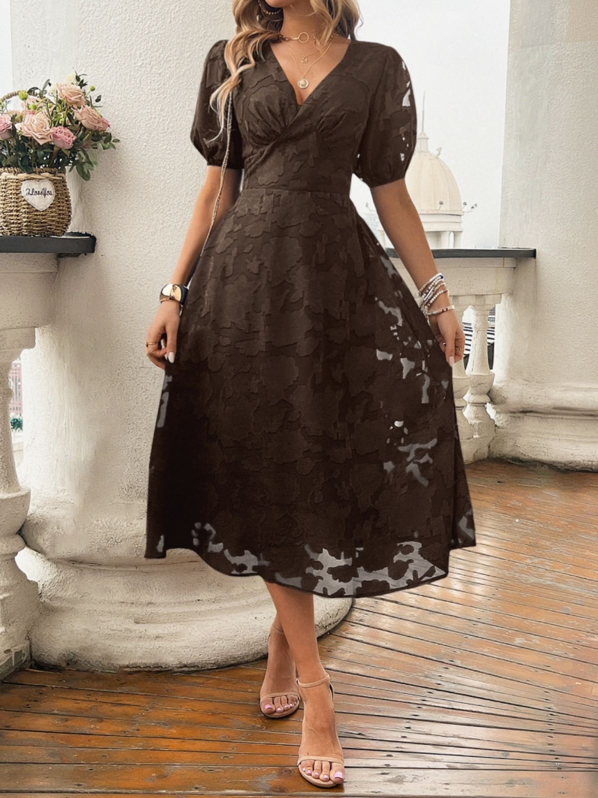 Femmes Floral Bleu Marine Col V Confortable Robe Maxi Sexy