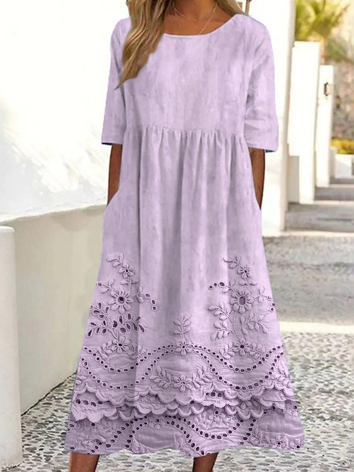 Femmes impression en 3D Blanc Col Rond Confortable Robe Maxi Rétro