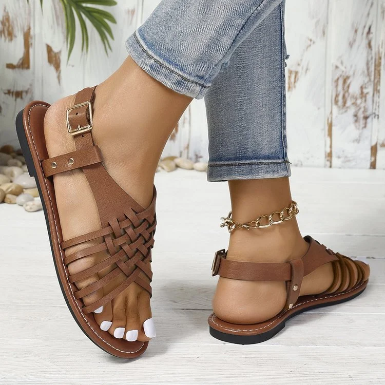 Sandales Rétro Plain Été Quotidien Cuir à Talon Plat Toit ouvert Sandales avec Sangle à La Cheville Caoutchouc pour Femmes
