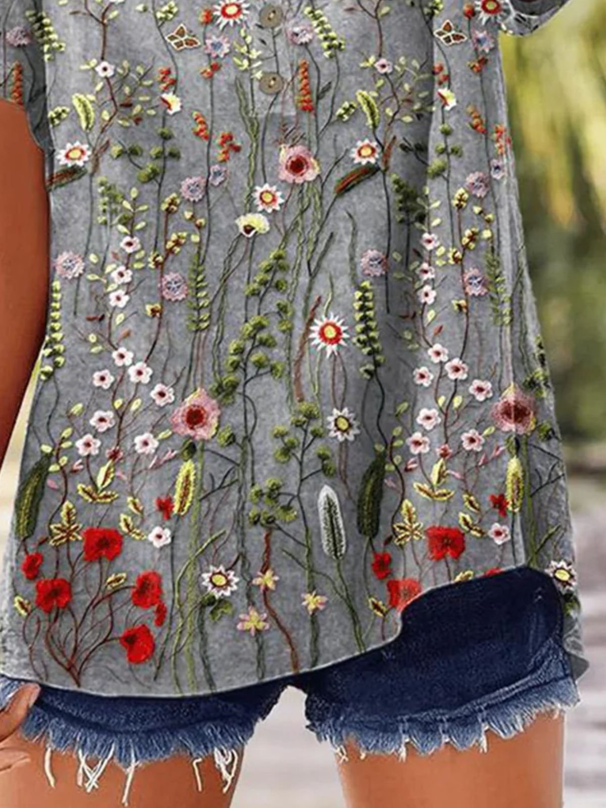 Chemises Femmes Simple Floral Été Col V Micro-élasticité Manches Courtes Régulier Droit Régulier