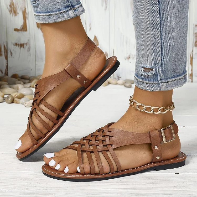Sandales Rétro Plain Été Quotidien Cuir à Talon Plat Toit ouvert Sandales avec Sangle à La Cheville Caoutchouc pour Femmes