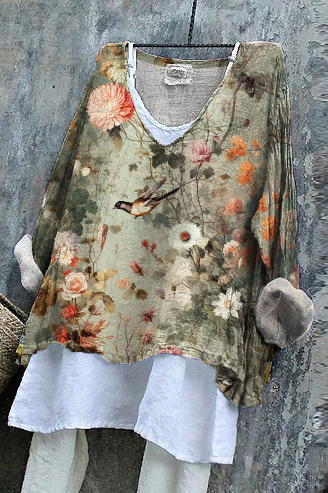Chemises Décontracté Floral Printemps / Automne en Lin Col V Coupe Régulière Manches Longues Régulier Trapèze pour Femmes