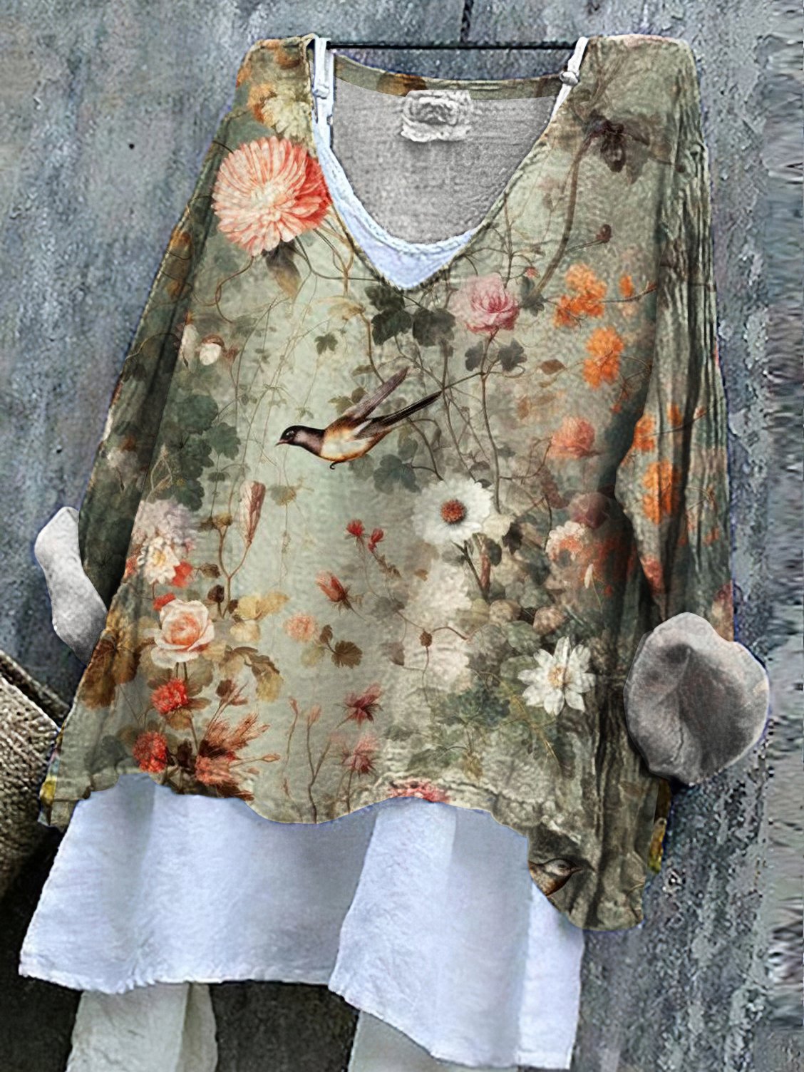 Chemises Décontracté Floral Printemps / Automne en Lin Col V Coupe Régulière Manches Longues Régulier Trapèze pour Femmes