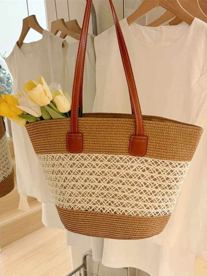 Sacs à Bandoulière Rayé Boho Toutes Les Saisons Zip Quotidien Paille Paille pour Femmes