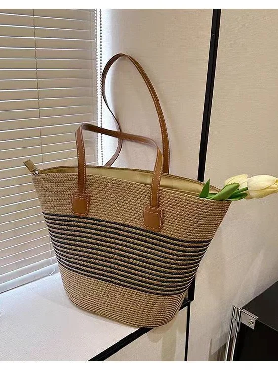 Sacs à Bandoulière Rayé Boho Toutes Les Saisons Zip Quotidien Paille Paille pour Femmes
