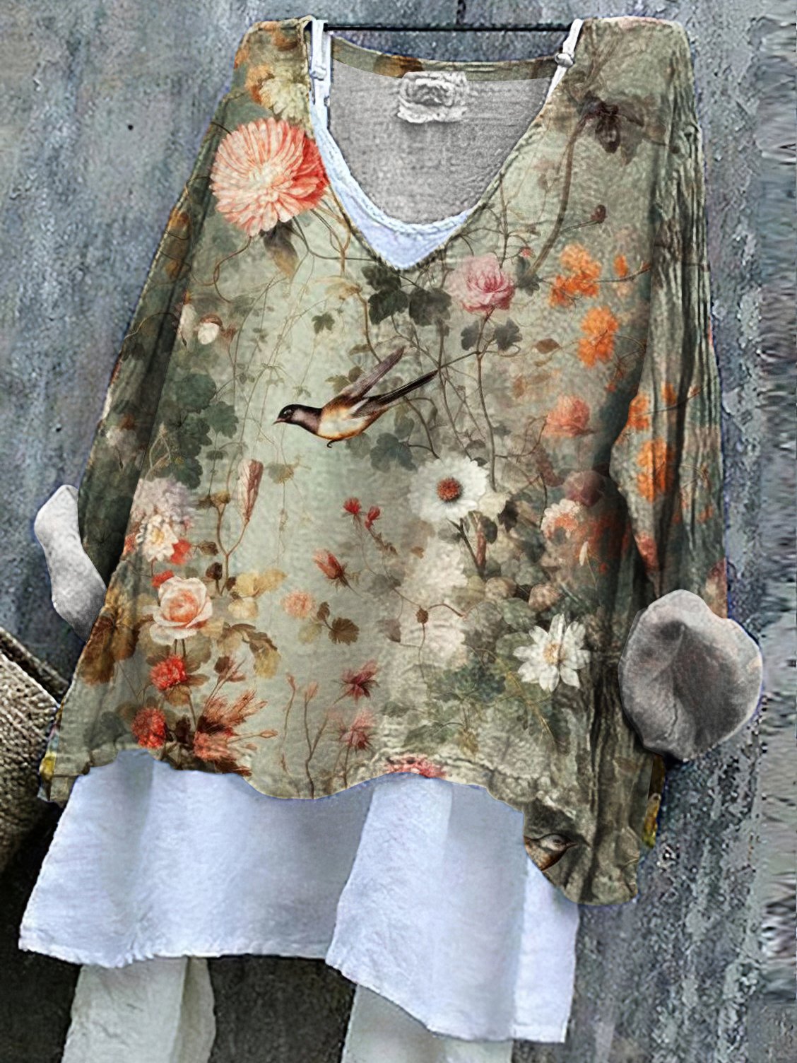 Chemises Décontracté Floral Printemps / Automne en Lin Col V Coupe Régulière Manches Longues Régulier Trapèze pour Femmes