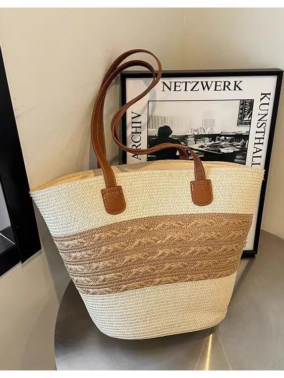 Sacs à Bandoulière Rayé Boho Toutes Les Saisons Zip Quotidien Paille Paille pour Femmes