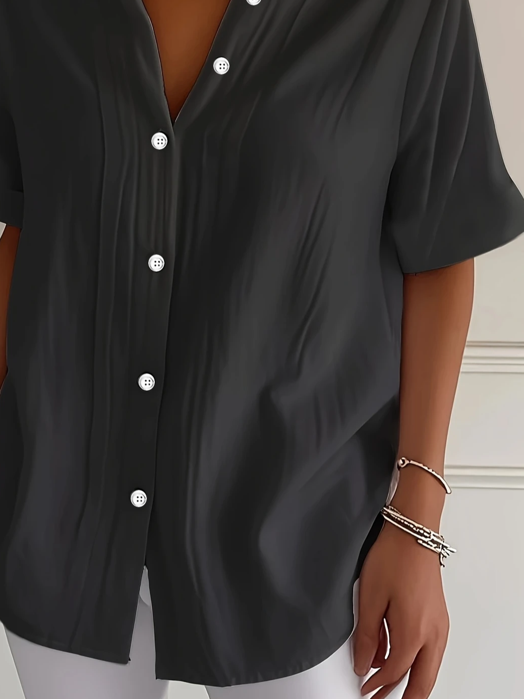 Chemises Femmes Décontracté Plain Été Polyester Micro-élasticité Manches Courtes Régulier Droit Col de Chemise