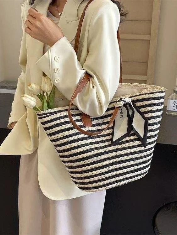 Sacs à Bandoulière Rayé Boho Toutes Les Saisons Zip Quotidien Paille Paille pour Femmes