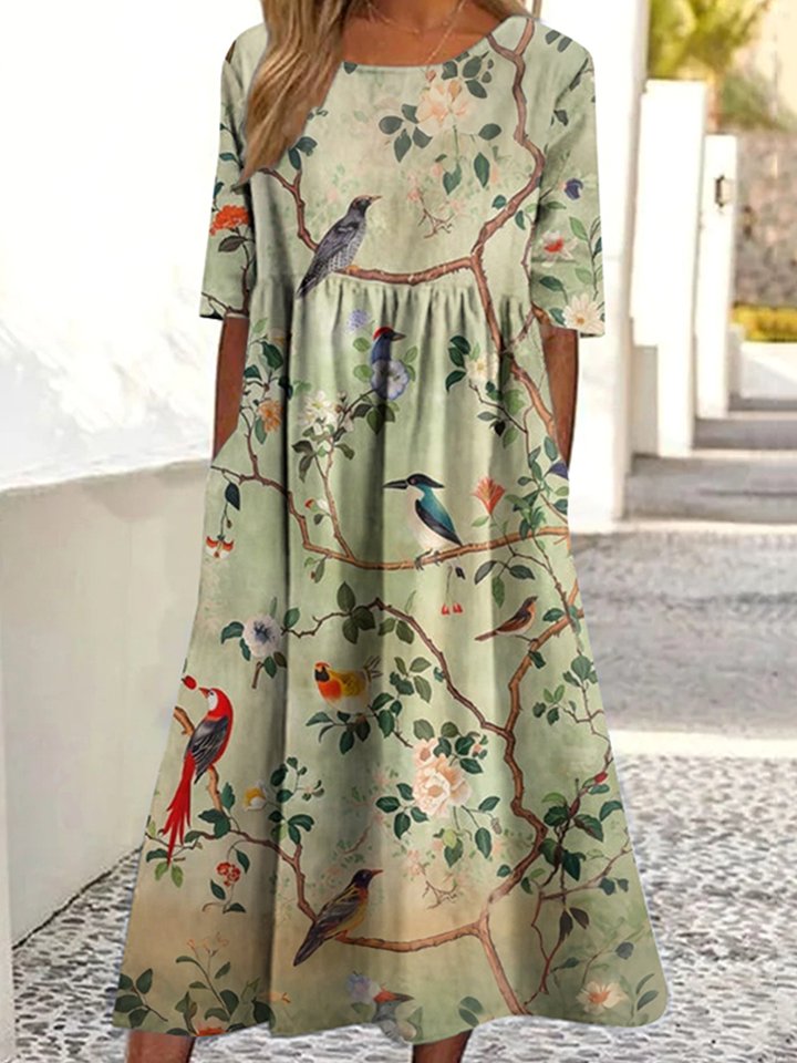 Femmes Floral Vert Clair Col Rond Confortable Robe Maxi Décontracté