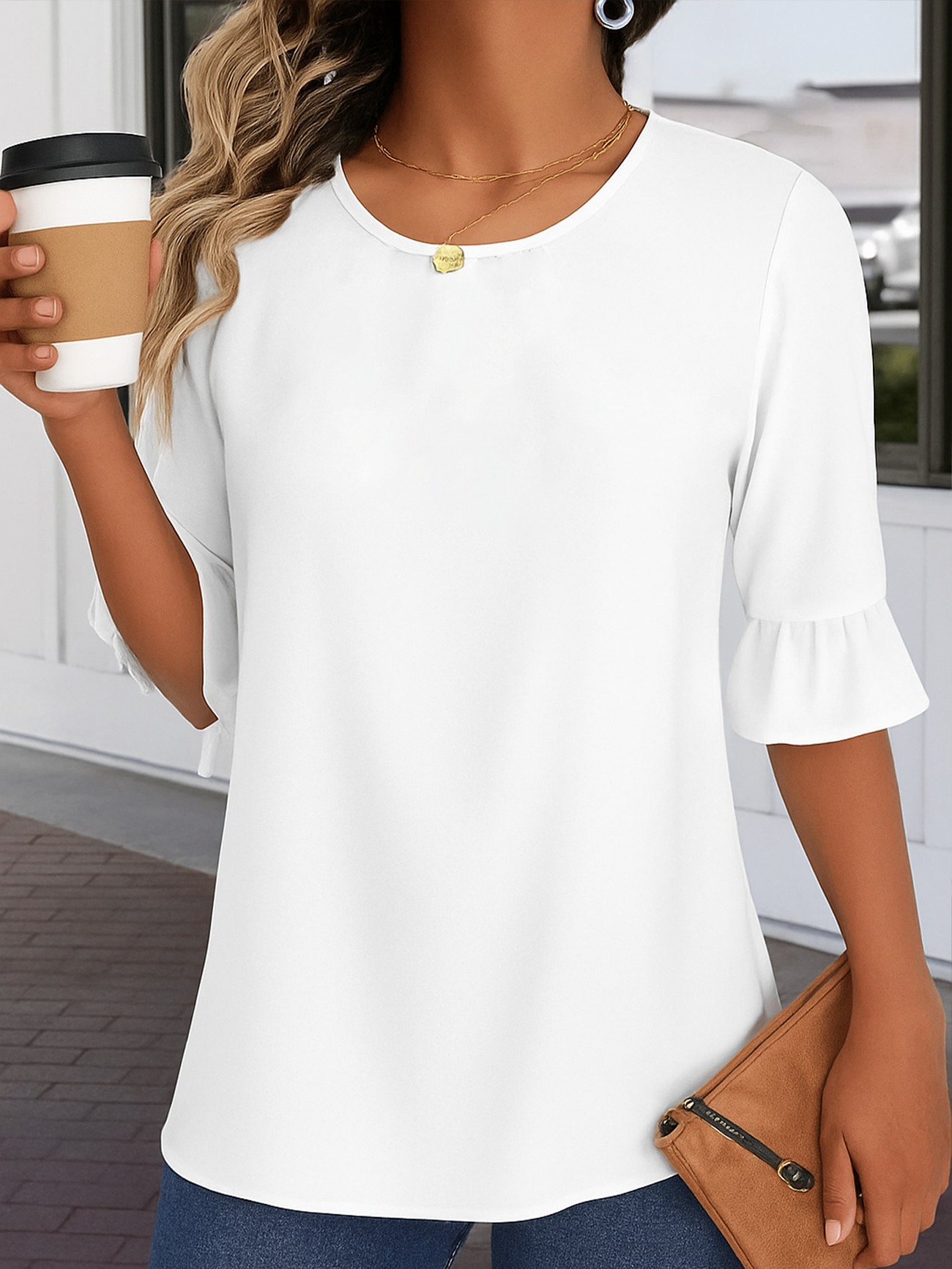 Chemises Décontracté Plain Été Polyester Micro-élasticité Quotidien Demi Manche Col Rond Droit pour Femmes
