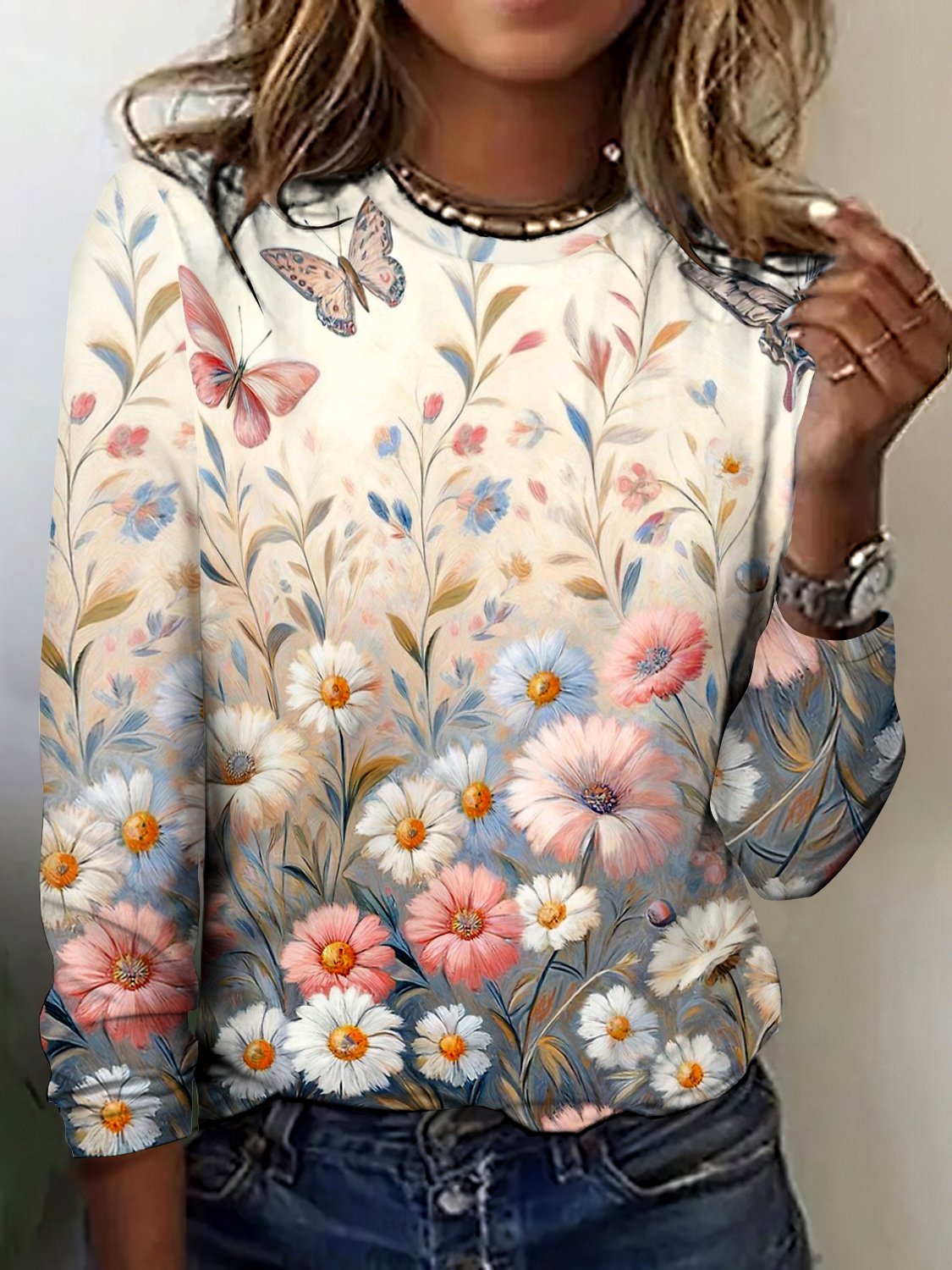 T-shirts Rétro Printemps / Automne Plaid Polyester Micro-élasticité Coupe Régulière Manches Longues Col Rond Trapèze pour Femmes
