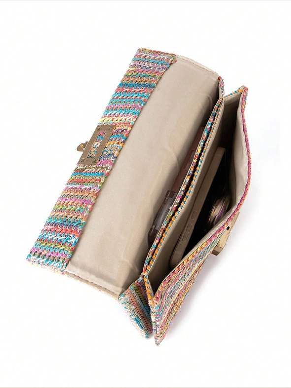 Sacs à Bandoulière Bloc de Couleur Rétro Toutes Les Saisons Boucle en Métal Quotidien Paille Toile pour Femmes