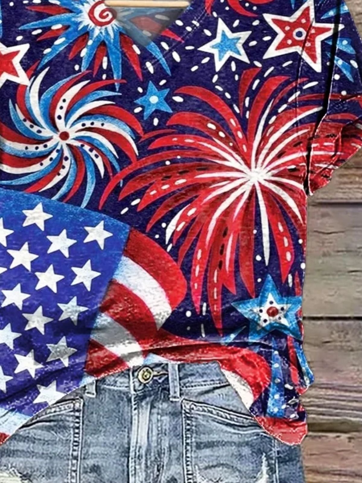 T-shirts Femmes Décontracté Été Drapeau des États-Unis Col V Micro-élasticité Quotidien Coupe Régulière Régulier Trapèze