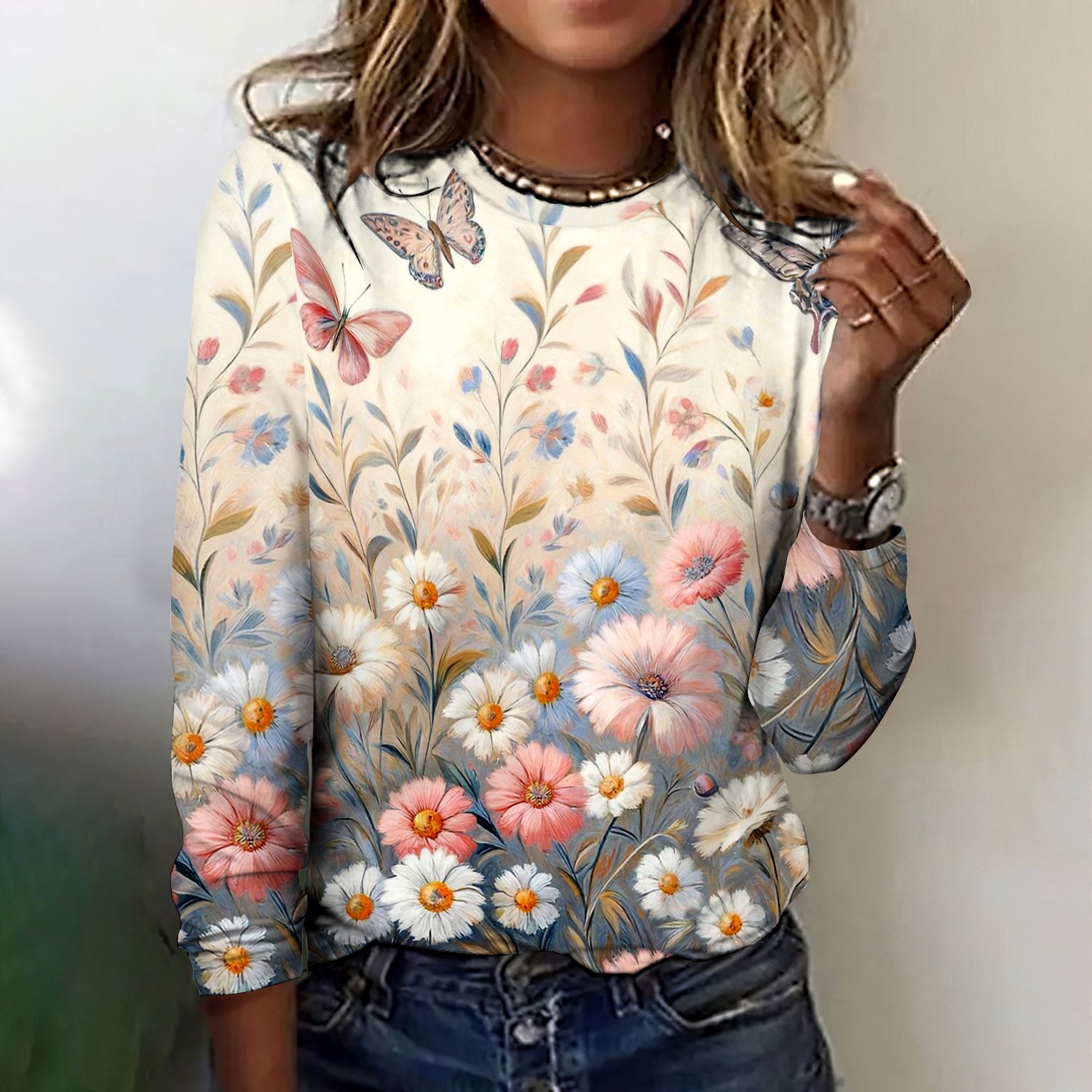 T-shirts Rétro Printemps / Automne Plaid Polyester Micro-élasticité Coupe Régulière Manches Longues Col Rond Trapèze pour Femmes