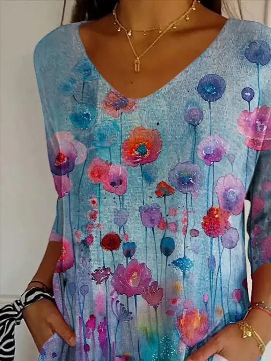 T-shirts Décontracté Motif dégradé Printemps / Automne Polyester Col V Quotidien Manches trois quarts Régulier Ligne T pour Femmes