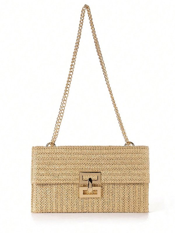 Sacs à Bandoulière Bloc de Couleur Rétro Toutes Les Saisons Boucle en Métal Quotidien Paille Toile pour Femmes