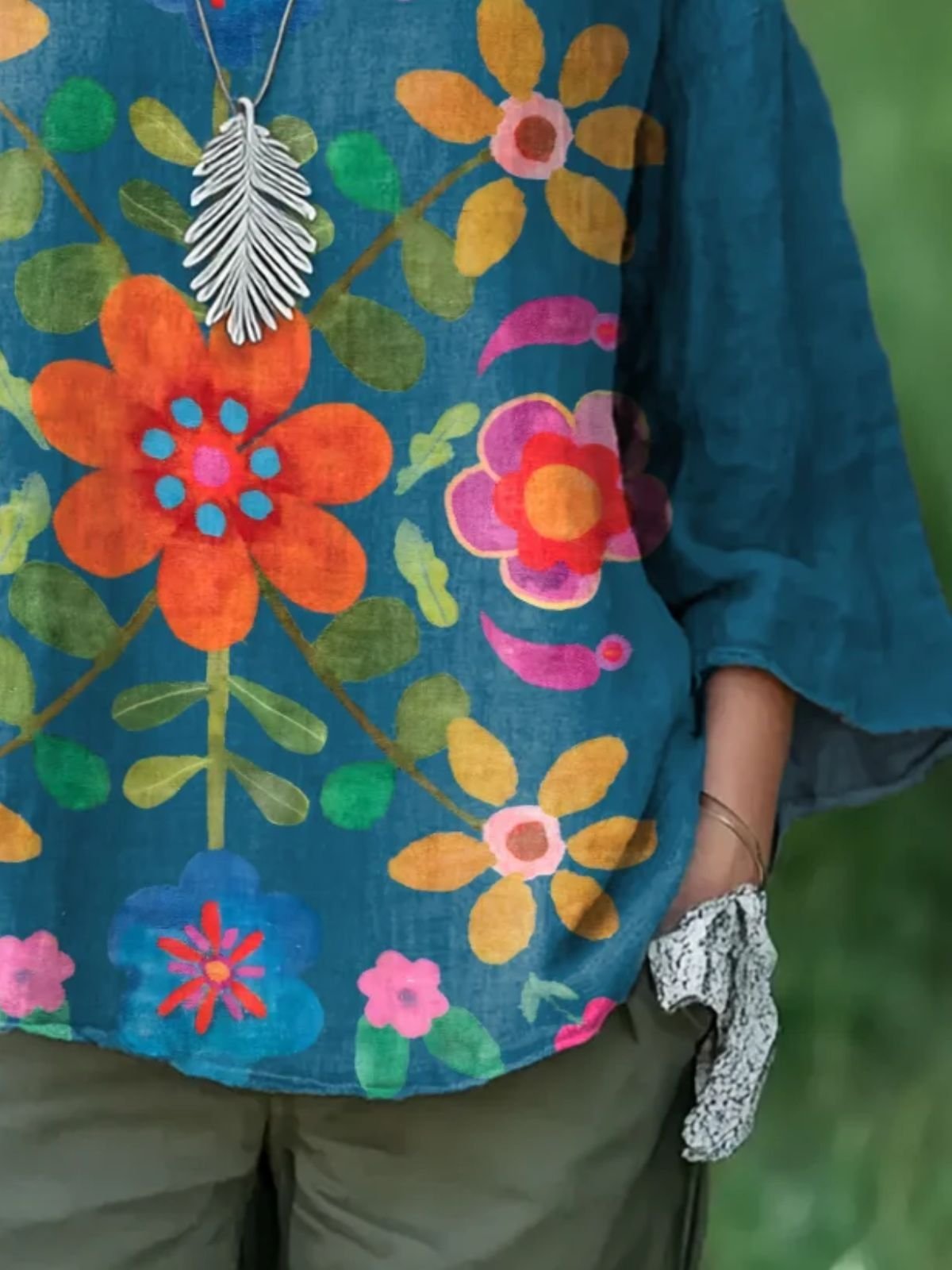 Chemises Rétro Floral Printemps / Automne en Lin Micro-élasticité Coupe Régulière Manches Longues Régulier Trapèze pour Femmes