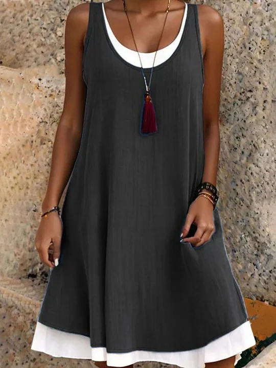 Femmes Plain Bleu Col Rond Confortable Robe Mi-Longue Décontracté
