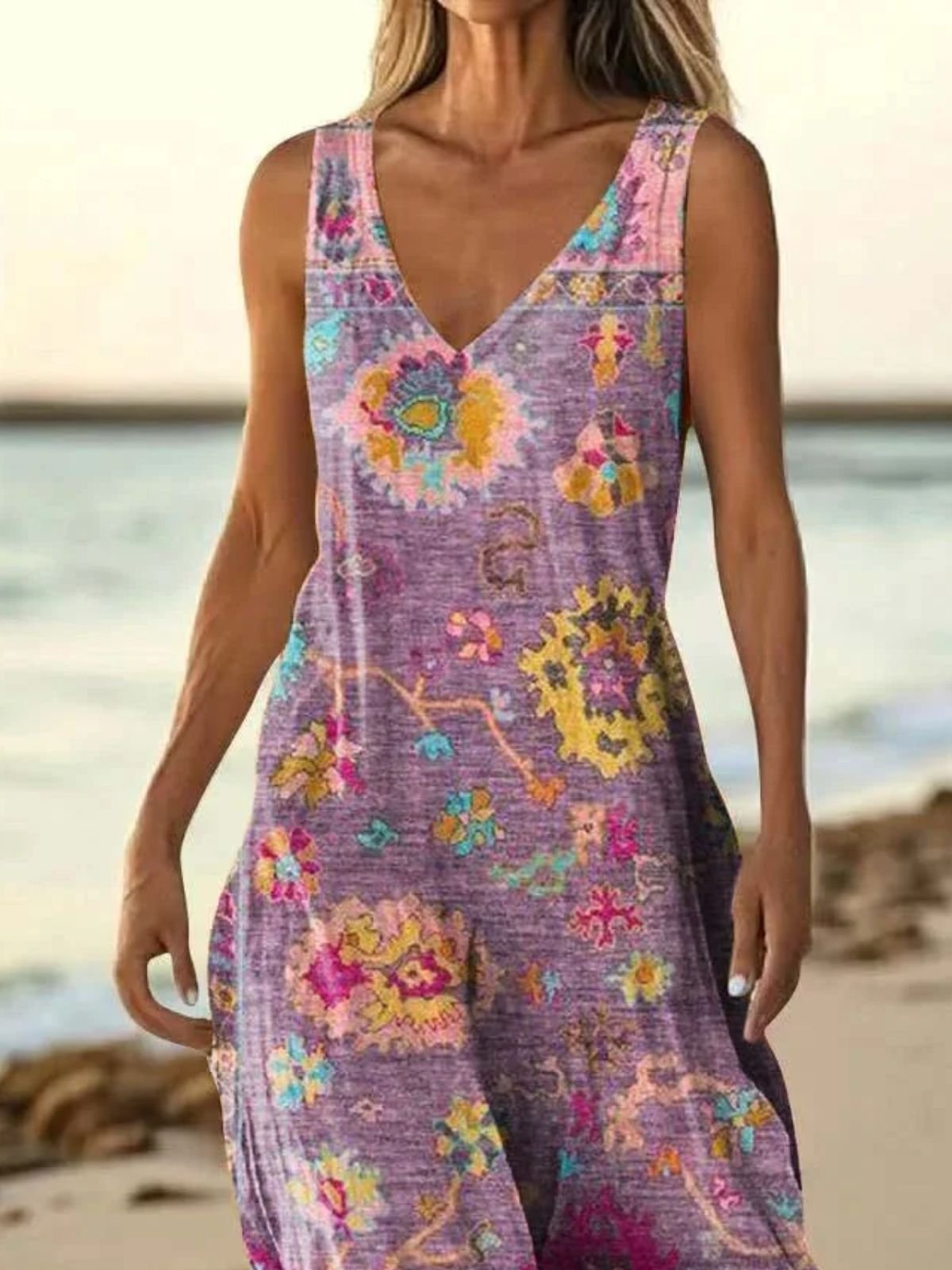 Femmes Floral Violet Col V Confortable Robe Maxi Décontracté