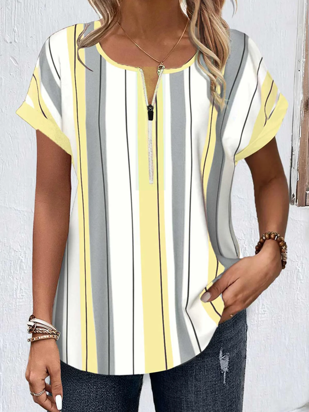 Blouses Femmes Rayé Simple Été Polyester Aucune élasticité Ample Régulier Droit Régulier